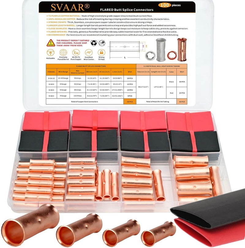 SVAAR 100PCS Flared Open Butt Connectors Kit 4/6/8/12-10 Gauge Butt Splice Connector Non-Insulated Butt Connectors Crimp Pure Copper 50PCS Seamless Barrel Wire Splice Terminals +50PCS 3:1 Heat Shrinks - Image 1